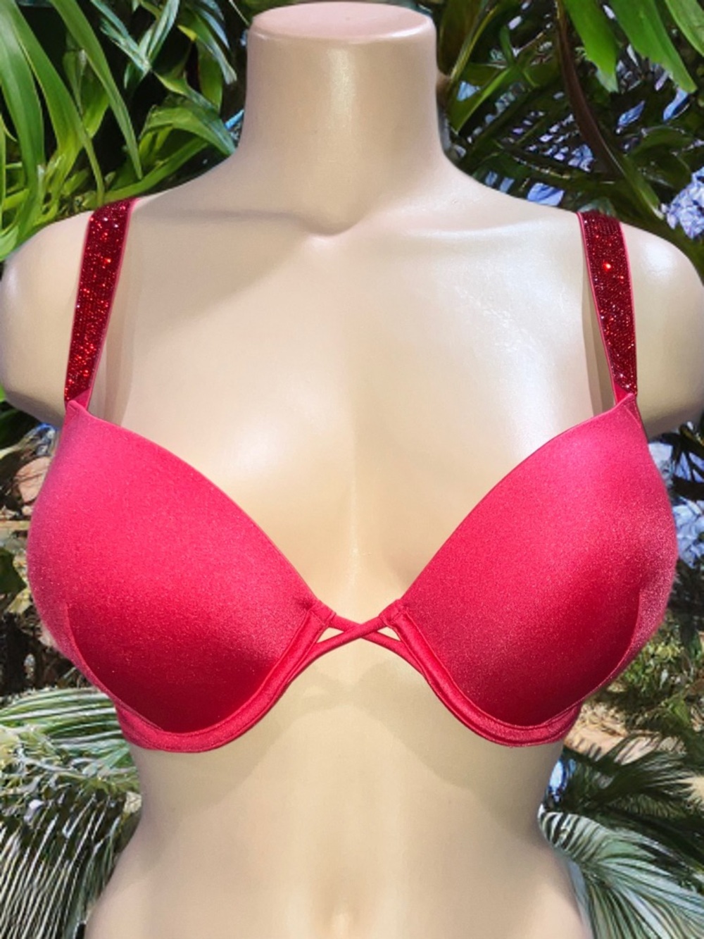Victorias Secret 34D Bombshell Push Up Bikini Top Miraculous Shine Strap Red